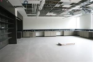 Classroom with sinks, shelves
